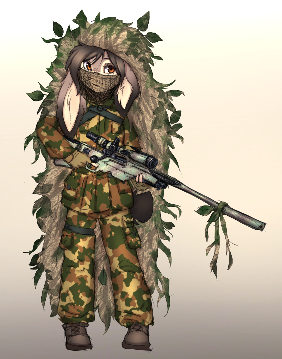 anthro cammo elronya female freckles gilly_suit gun hair hi_res invalid_tag lagomorph leporid mammal original_character rabbit ranged_weapon rifle ronya short_tail sniper solo suvi_(elronya) tail weapon