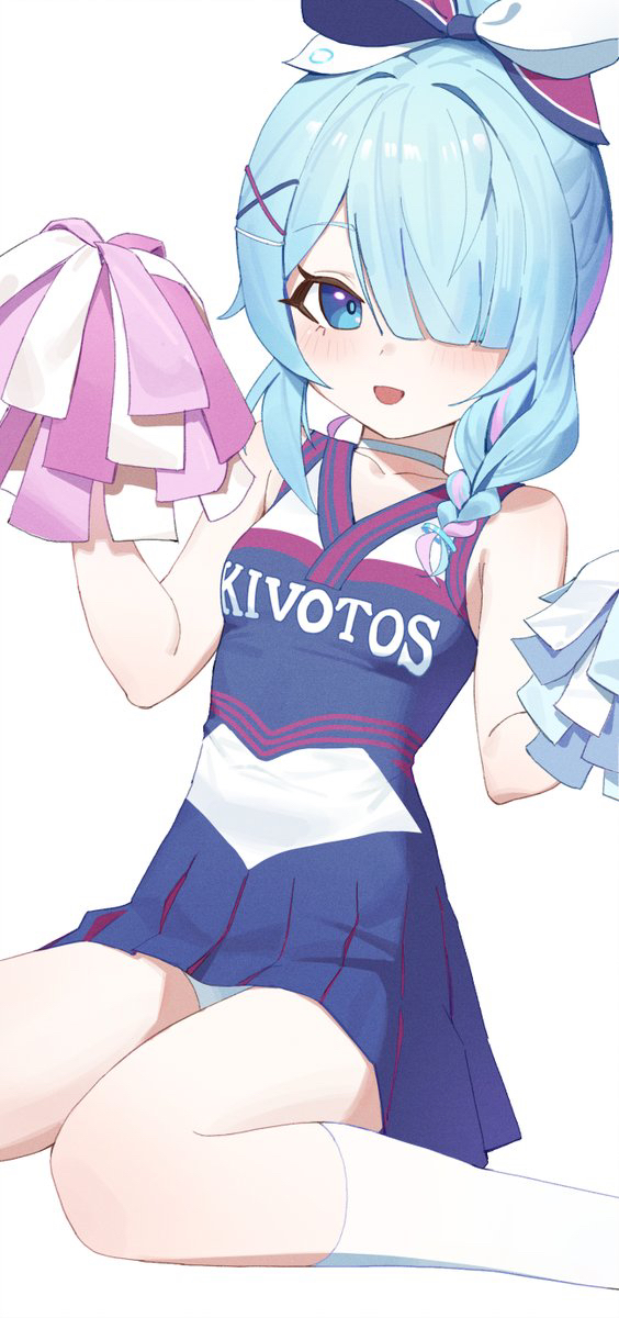 1girl arona_(blue_archive) blue_archive blue_eyes blue_hair blue_skirt breasts cheering cheerleader choker clothes_writing collarbone daeyu_k hair_ornament highres holding holding_pom_poms music official_alternate_costume panties pom_pom_(cheerleading) short_hair simple_background singing skirt small_breasts socks solo underwear white_background white_choker white_panties white_socks x_hair_ornament