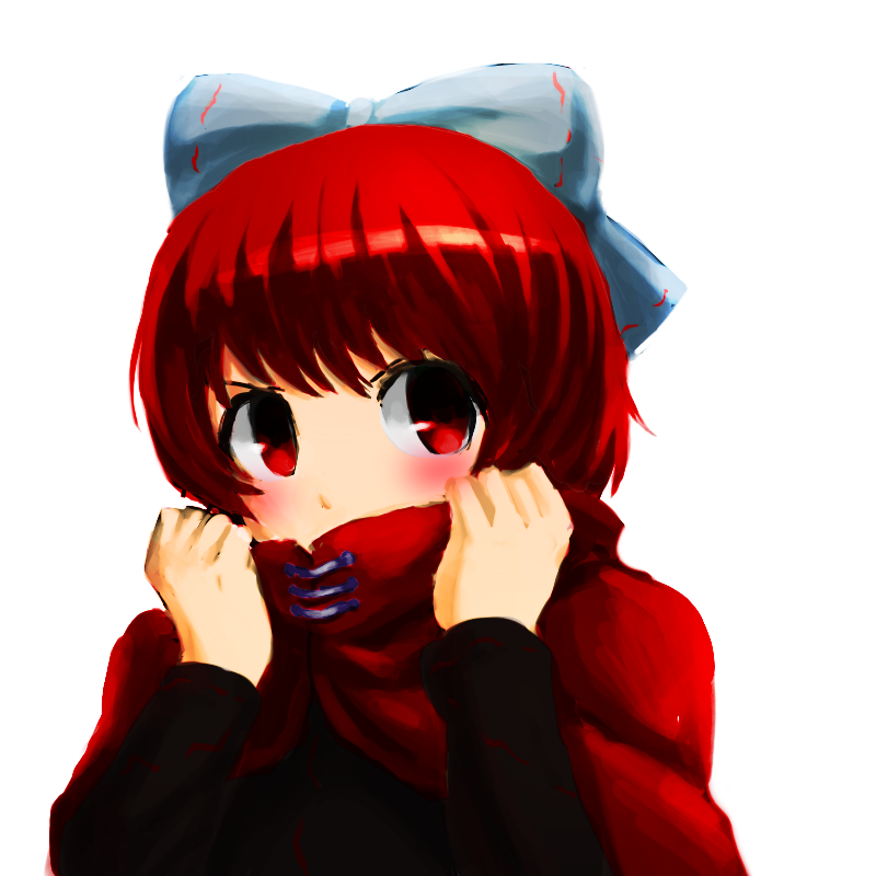 asada_ryou bad_id bad_pixiv_id bangs blush bow clothes_grab covering_mouth hair_bow long_sleeves red_eyes red_hair sekibanki short_hair shy sideways_glance solo touhou upper_body white_background