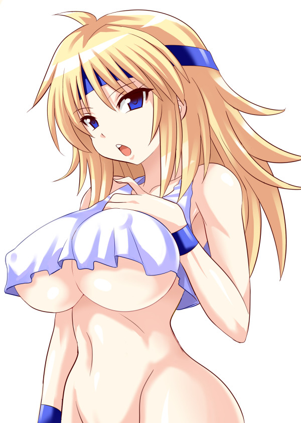 armlet bare_shoulders blonde_hair blue_eyes bottomless breasts crop_top groin headband konno_tohiro large_breasts long_hair lune_zoldark navel simple_background solo super_robot_wars tank_top underboob white_background