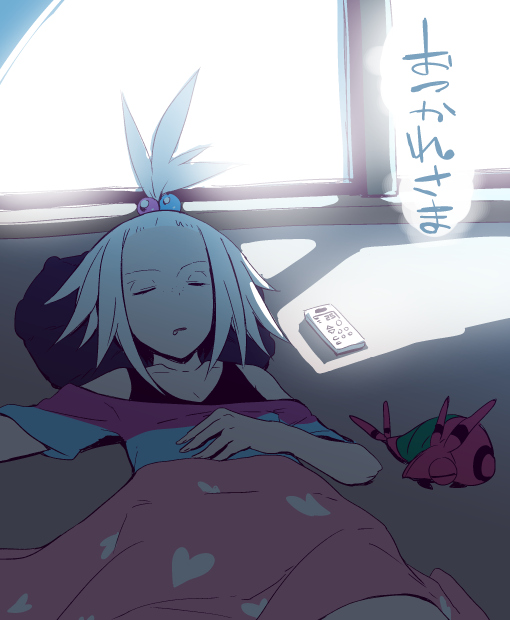 bug closed_eyes commentary_request controller drooling gym_leader homika_(pokemon) insect kawaisou medium_hair pokemon pokemon_(game) pokemon_bw2 remote_control shirt sleeping striped striped_shirt topknot venipede white_hair