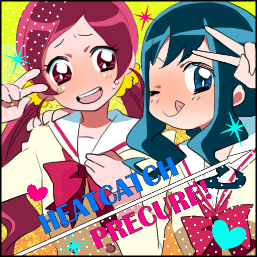 2girls ;q arm_around_neck black_border blue_eyes blue_hair blush border bow bowtie buttons closed_mouth collared_dress commentary_request copyright_name dress furrowed_brow gradient_background hair_ornament hair_scrunchie hanasaki_tsubomi hand_on_another's_shoulder heart heartcatch_precure! kurumi_erika long_hair long_sleeves looking_at_another looking_at_viewer low_twintails multiple_girls myoudou_gakuen_middle_school_uniform nervous_smile one_eye_closed pink_bow pink_bowtie pink_eyes pink_hair polka_dot precure sailor_collar school_uniform scrunchie simple_background smile sparkle sweat teeth tongue tongue_out twintails upper_body upper_teeth_only v very_long_hair wavy_hair white_sailor_collar yellow_background yellow_dress yellow_scrunchie yellow_sleeves yui_(marine-drive)