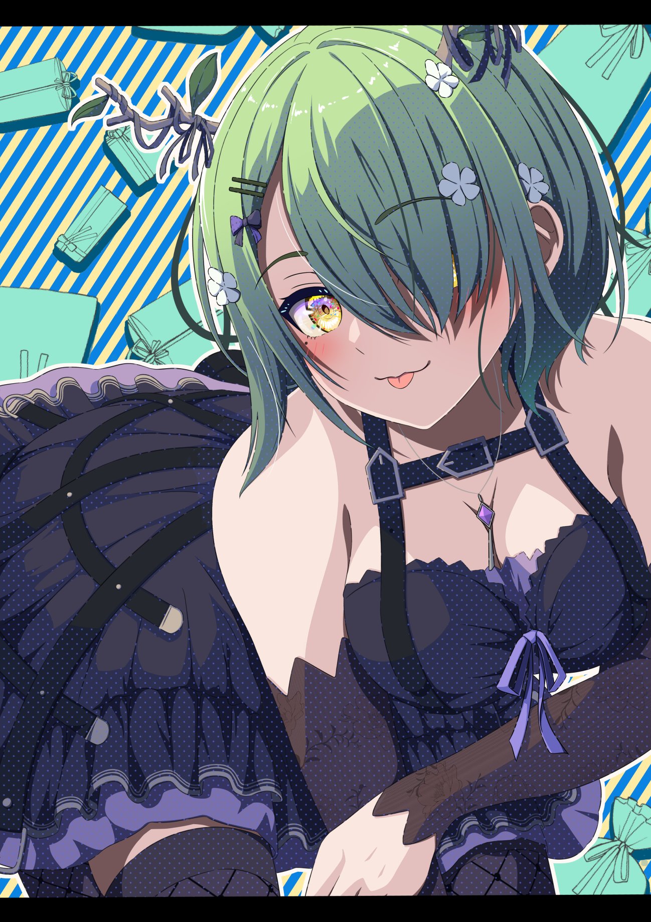 1girl antlers bare_shoulders black_sleeves black_thighhighs blush bob_cut breasts ceres_fauna ceres_fauna_(goth) chest_harness cleavage crinoline danball_shiro detached_sleeves dress fishnet_thighhighs fishnets flower frilled_dress frills green_hair hair_flower hair_ornament hair_over_one_eye harness highres hololive hololive_english horns jewelry lace_sleeves large_breasts mole mole_under_eye necklace short_dress short_hair solo strapless strapless_dress thighhighs tongue tongue_out yellow_eyes