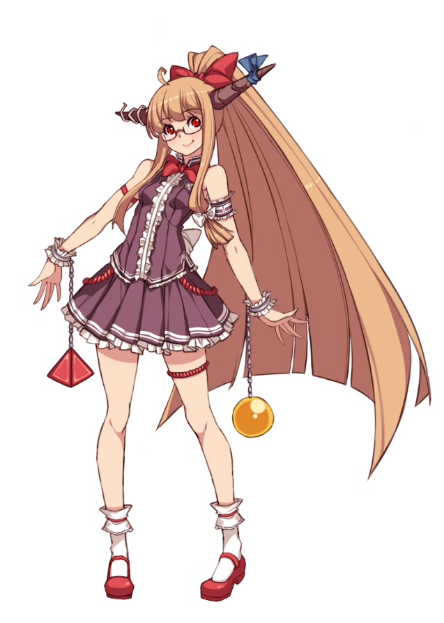 ahoge alternate_costume arm_garter ball_and_chain_restraint bare_shoulders bespectacled blonde_hair bobby_socks bow chain contrapposto full_body glasses hair_bow horn_bow horns ibuki_suika kugi_ta_hori_taira long_hair looking_at_viewer mary_janes pigeon-toed pleated_skirt ponytail red_eyes semi-rimless_eyewear shoes simple_background skirt smile socks solo standing thigh_strap touhou under-rim_eyewear very_long_hair white_background white_legwear wrist_cuffs