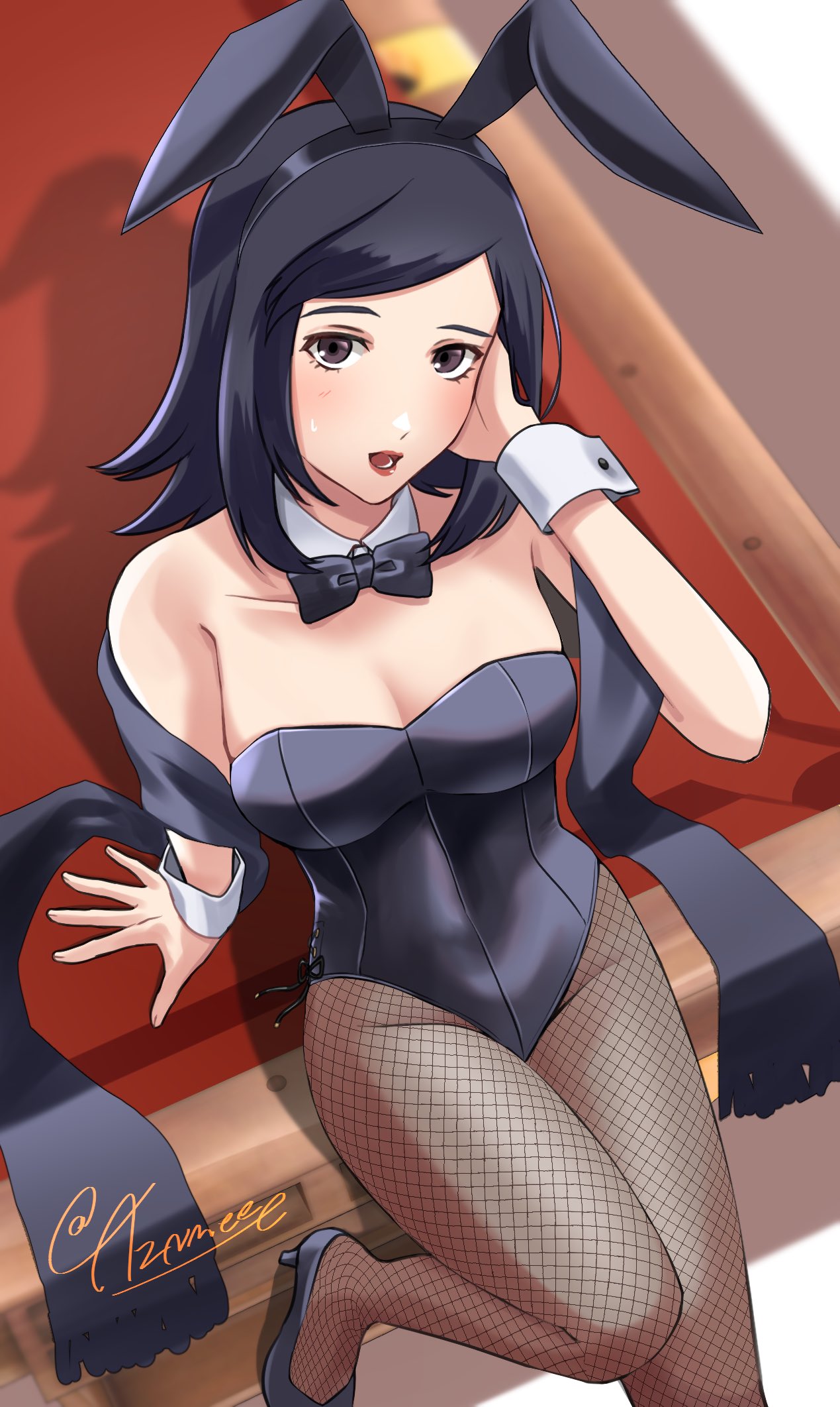 1girl amano_maya animal_ears aznmeee black_hair black_leotard breasts brown_eyes cleavage detached_collar fake_animal_ears fishnet_pantyhose fishnets high_heels highres leotard lipstick long_hair looking_at_viewer makeup open_mouth pantyhose persona persona_2 playboy_bunny rabbit_ears rabbit_tail smile solo strapless strapless_leotard tail wrist_cuffs