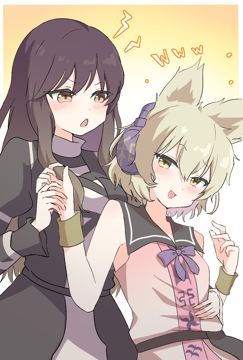 2girls black_sailor_collar blonde_hair blush bow bowtie bracelet brown_eyes commentary_request cross-laced_clothes dress earmuffs gradient_hair highres hijiri_byakuren holding_hands jewelry layered_dress long_hair long_sleeves momitoekk multicolored_hair multiple_girls open_mouth pointy_hair purple_bow purple_bowtie sailor_collar shirt short_hair sleeveless sleeveless_shirt smile touhou toyosatomimi_no_miko yellow_eyes