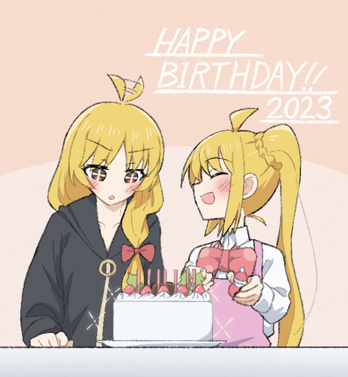 +_+ 2girls black_hoodie blonde_hair blush bocchi_the_rock! bow bowtie cake closed_eyes collared_shirt commentary_request food fruit hair_wagging happy_birthday hood hoodie ijichi_nijika ijichi_seika long_sleeves look4_osagashi multiple_girls parted_lips pink_background red_bow red_bowtie shirt side_ponytail smile strawberry upper_body white_shirt