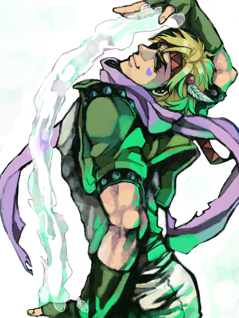 blonde_hair bubble caesar_anthonio_zeppeli facial_mark feathers fingerless_gloves gloves green_eyes green_jacket hair_feathers headband jacket jojo_no_kimyou_na_bouken kanoshi male_focus scarf solo tegaki