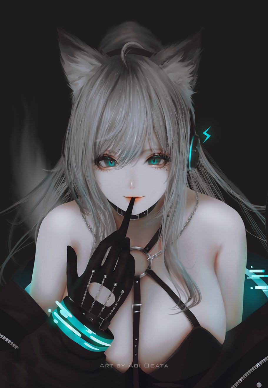 1girl animal_ear_fluff animal_ears aoi_ogata artist_name biting black_background black_gloves black_jacket breasts clip_studio_paint_(medium) closed_mouth commentary commission copyright_request english_commentary glove_biting gloves grey_hair hand_up highres jacket large_breasts lightning_bolt_symbol long_hair long_sleeves looking_at_viewer o-ring o-ring_top off_shoulder open_clothes open_jacket ponytail puffy_long_sleeves puffy_sleeves simple_background smile solo upper_body watermark