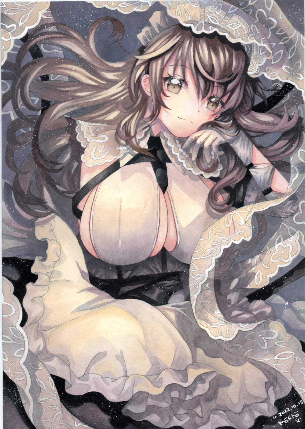 1girl 2022 apron artist_name azur_lane bare_shoulders breasts brown_hair charybdis_(azur_lane) cleavage clothing_cutout frills gloves grey_eyes grey_hair hairband highres huge_breasts lace-trimmed_hairband lace_trim long_hair looking_at_viewer maid_headdress mosho official_alternate_costume sleeveless solo traditional_media underboob_cutout white_apron white_gloves