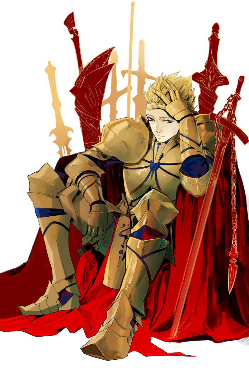 armor blonde_hair ea_(fate/stay_night) fate/stay_night fate_(series) gilgamesh hair_slicked_back highres male_focus planted_sword planted_weapon plm233 red_eyes sad solo sword weapon