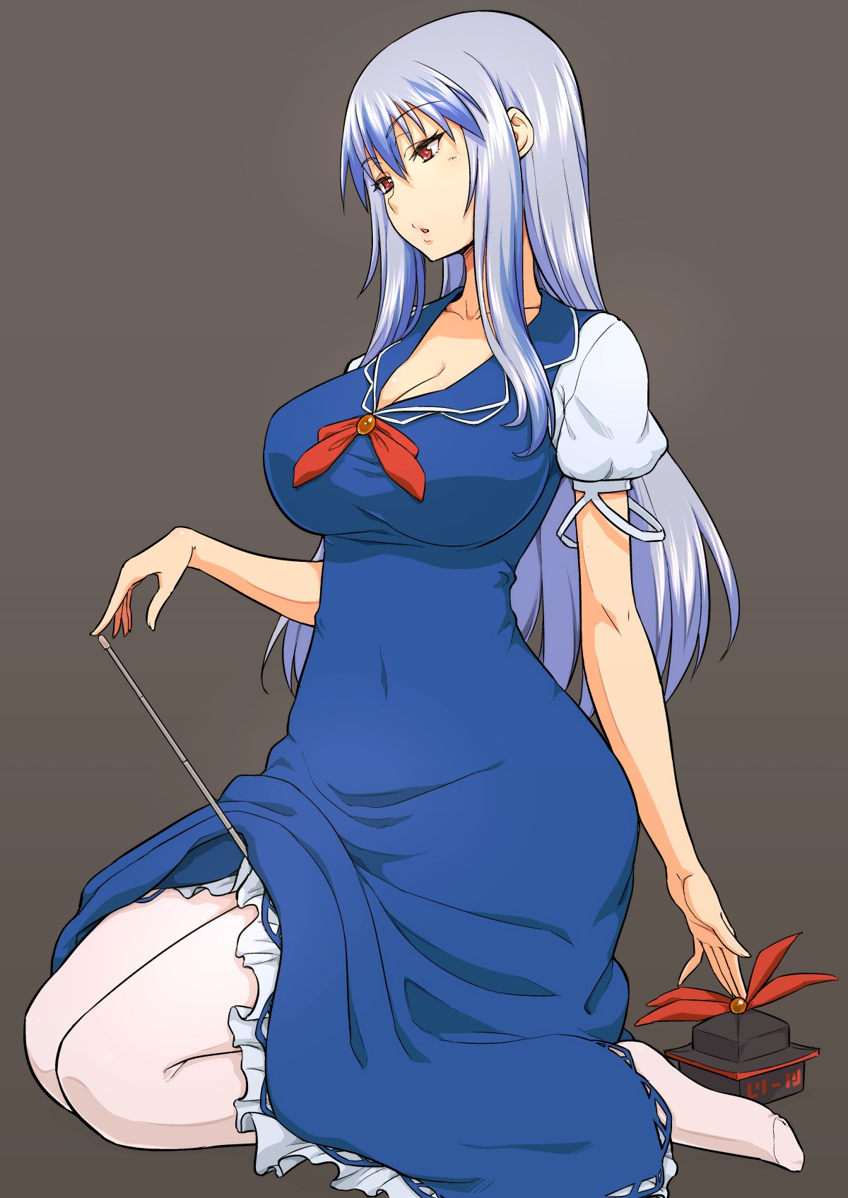 1girl blue_dress blue_hair brown_background commentary_request dress full_body highres kakone kamishirasawa_keine kneeling long_hair neckerchief open_mouth red_eyes red_neckerchief short_sleeves simple_background sitting solo touhou unworn_headwear