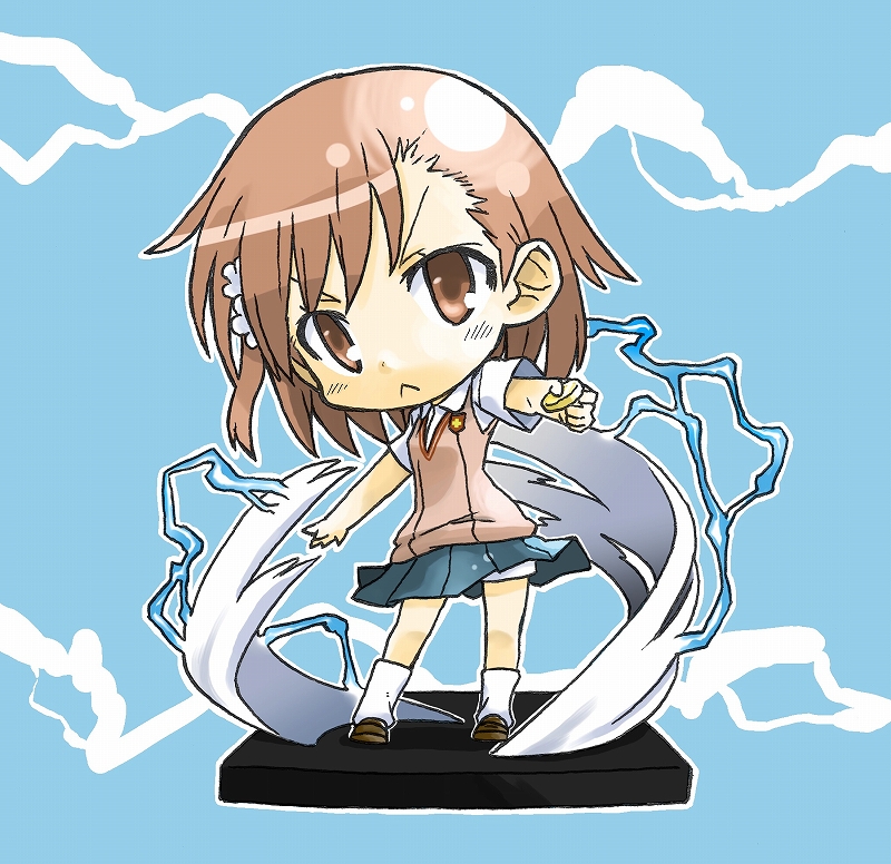 :&lt; brown_eyes brown_hair chibi closed_mouth coin hair_ornament hairpin mabu_(dorisuto) misaka_mikoto school_uniform skirt solo to_aru_kagaku_no_railgun to_aru_majutsu_no_index v-shaped_eyebrows