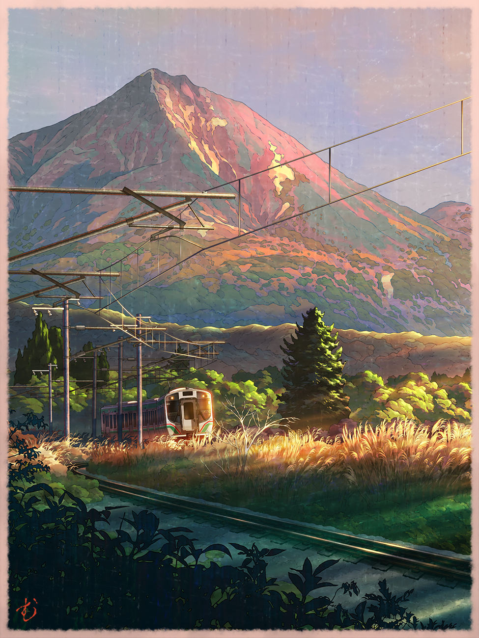 commentary_request grass highres mountain mugumo_24k no_humans original outdoors overhead_line railroad_tracks revision scenery shadow sunset train tree