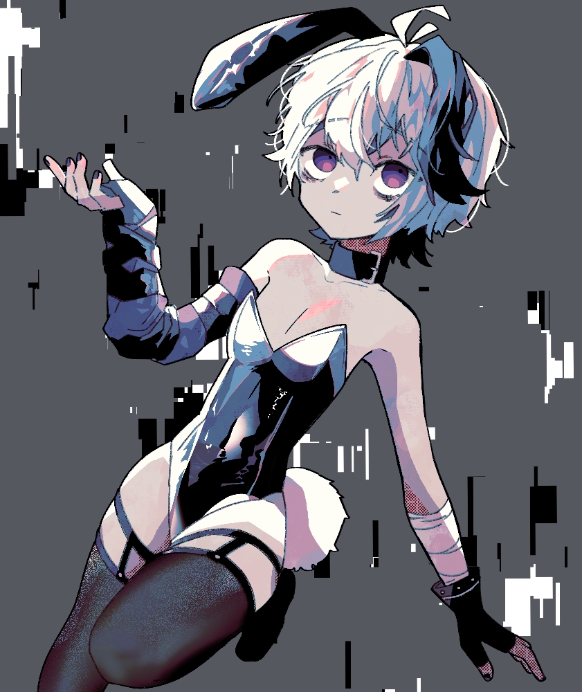 1girl ahoge androgynous animal_ears arm_warmers bags_under_eyes bandaged_arm bandages belt_collar black_collar black_gloves black_hair black_pantyhose breasts cleavage closed_mouth collar covered_navel fake_animal_ears fake_tail flat_chest flower_(vocaloid) flower_(vocaloid4) glitch gloves grey_background hand_up leg_up looking_at_viewer multicolored_hair pantyhose playboy_bunny purple_arm_warmers purple_eyes rabbit_ears rabbit_tail short_hair single_arm_warmer single_glove solo streaked_hair tail thigh_strap thighs vocaloid white_hair zer0h