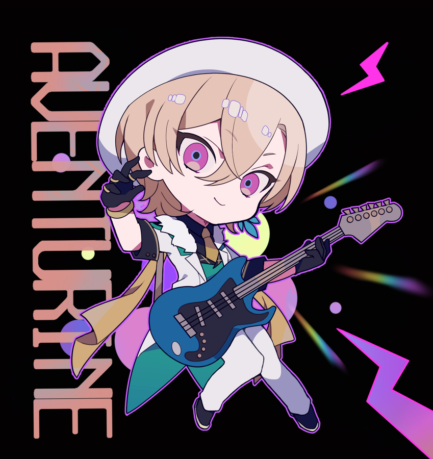 1boy aventurine_(honkai:_star_rail) black_background black_gloves blonde_hair bracelet chibi earrings full_body fur_trim gloves guitar hair_between_eyes hat holding holding_guitar holding_instrument honkai:_star_rail honkai_(series) instrument jacket jewelry male_focus pants ring short_hair simple_background solo sweet_love4s white_hat white_pants