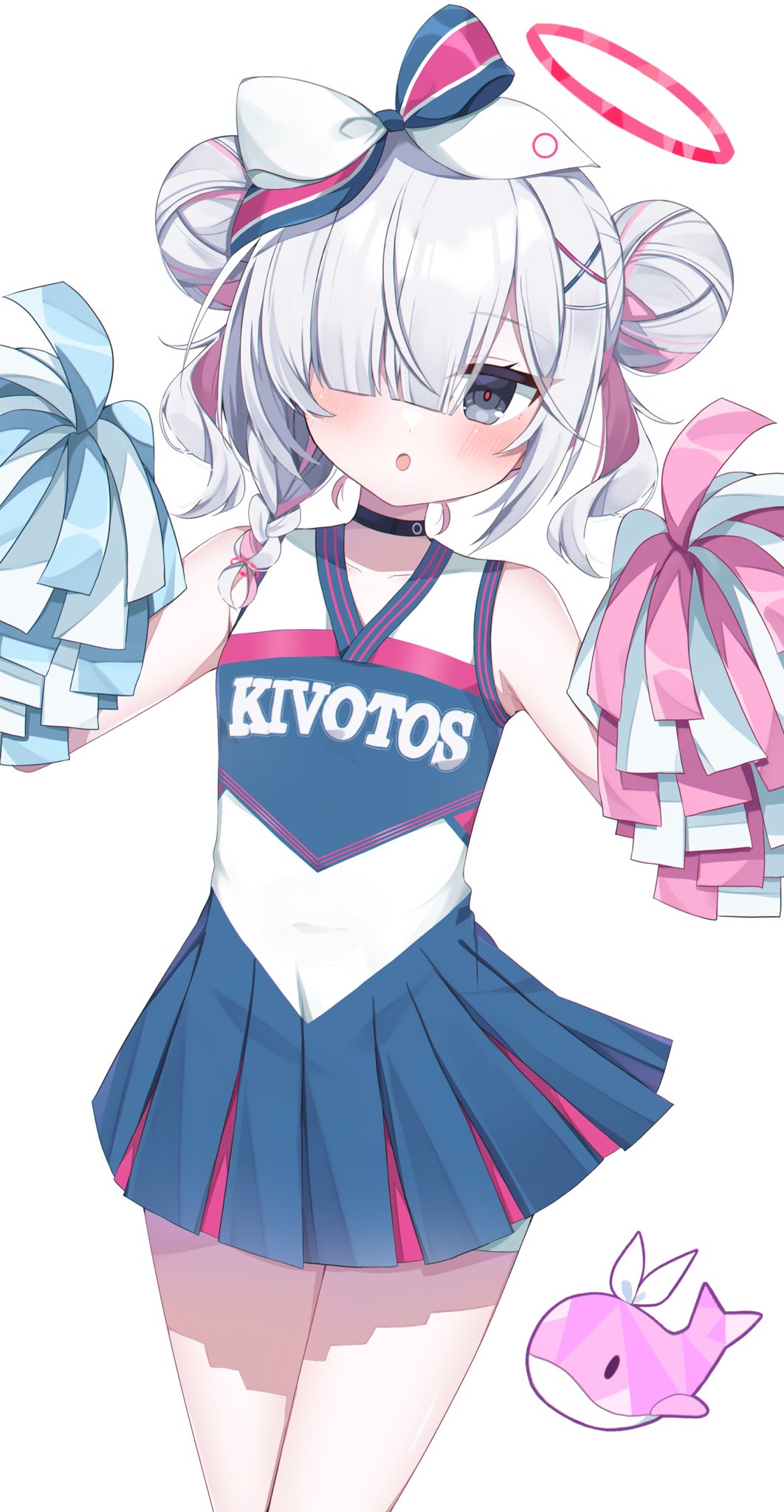 1girl alternate_hairstyle black_choker black_eyes blue_archive blue_skirt blush braid breasts cheering cheerleader choker clothes_writing collarbone colored_inner_hair cowboy_shot double_bun grey_hair hair_bun hair_over_one_eye halo highres holding holding_pom_poms looking_at_viewer multicolored_hair murase48 open_mouth pink_hair plana_(blue_archive) pleated_skirt pom_pom_(cheerleading) red_halo short_hair simple_background single_braid skirt small_breasts solo white_background