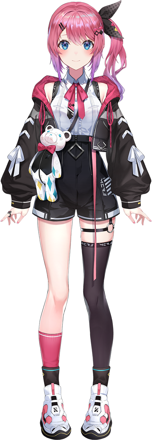 1girl alicecoco asymmetrical_legwear black_jacket black_shorts blue_eyes closed_mouth full_body hair_ornament hairclip hand_on_own_hip high-waist_shorts highres holding holding_stuffed_toy jacket kuramochi_meruto kuramochi_meruto_(1st_costume) layered_legwear long_sleeves looking_at_viewer nijisanji o-ring o-ring_thigh_strap official_art one_side_up open_clothes open_jacket pink_hair rene_(kuramochi_meruto) shirt shoes short_shorts shorts single_sock single_thighhigh smile socks solo standing stuffed_animal stuffed_toy tachi-e teddy_bear thigh_strap thighhighs transparent_background uneven_legwear virtual_youtuber white_footwear white_shirt
