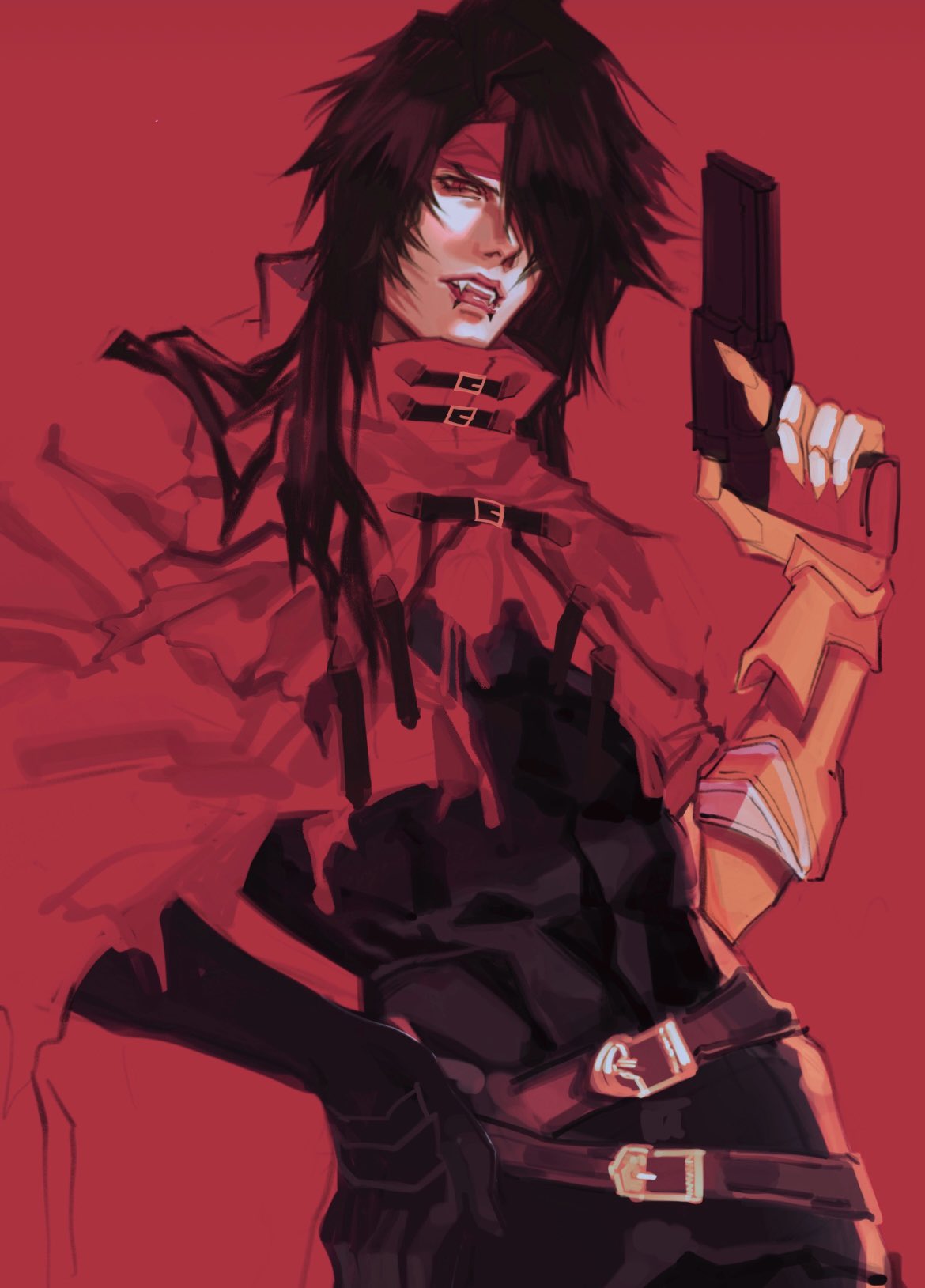 1boy belt black_gloves black_hair brown_belt cape charluiu covered_abs cowboy_shot fangs final_fantasy final_fantasy_vii final_fantasy_vii_remake gloves gun hair_over_one_eye hand_on_own_hip hand_up handgun headband highres holding holding_gun holding_weapon long_hair multiple_belts muscular muscular_male open_mouth red_background red_cape red_eyes red_headband red_theme simple_background single_glove solo tongue vampire vincent_valentine weapon