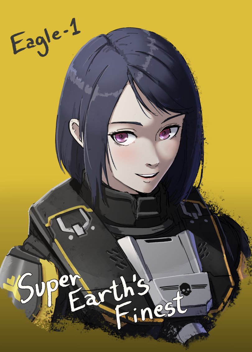 1girl armor black_hair character_name commentary cropped_torso eagle_1_(helldivers) english_commentary english_text haonfest helldivers_(series) medium_hair open_mouth parted_bangs pink_eyes simple_background smile solo teeth upper_teeth_only yellow_background