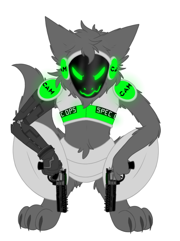 anthro biped bull_squat c.a.m. canid canine canis claws claws_out cybernetic_arm cybernetic_hand cybernetic_limb cybernetics digital_drawing_(artwork) digital_media_(artwork) digitigrade feet finger_claws fingers fluffy fluffy_ears fur glowing glowing_body glowing_eyes green_body green_eyes grey_body grey_fur gun hair handgun holding_object holding_ranged_weapon holding_weapon jackal kytcrafts looking_at_viewer machine male mammal metal metallic_body military neck_tuft pistol pistols prosthetic prosthetic_arm prosthetic_hand prosthetic_limb protogen protogen_armor protogen_face protogen_visor protogenized ranged_weapon revolver robotic robotic_arm robotic_hand robotic_limb screen screen_face smile solo special_forces standing toe_claws toes tuft weapon yuri_chacal