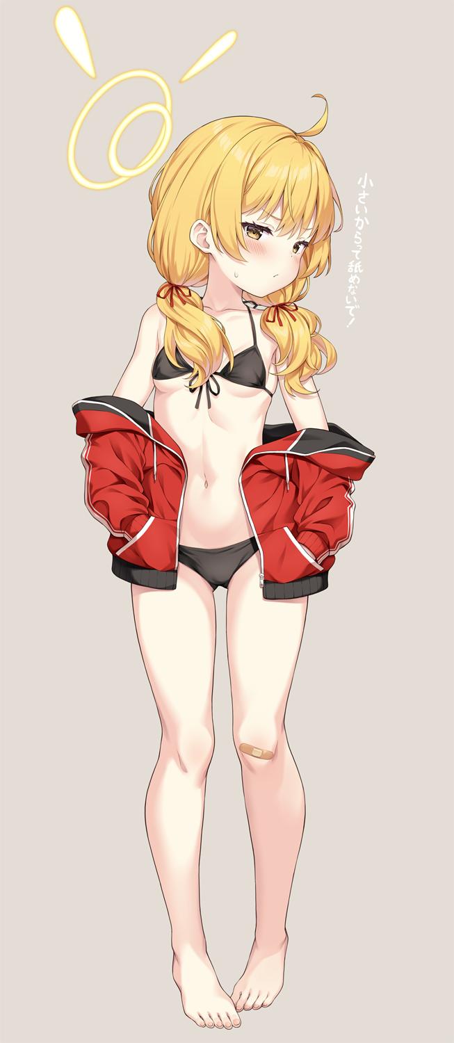 1girl ahoge bare_legs bare_shoulders barefoot bikini black_bikini blonde_hair blue_archive blush bow breasts closed_mouth full_body grey_background groin hair_ribbon halo highres jacket long_hair long_sleeves looking_at_viewer low_twintails navel off_shoulder open_clothes open_jacket paid_reward_available red_jacket ribbon simple_background small_breasts solo standing stomach string_bikini sweatdrop swimsuit swimsuit_under_clothes twintails yamasan yellow_eyes yoshimi_(blue_archive)