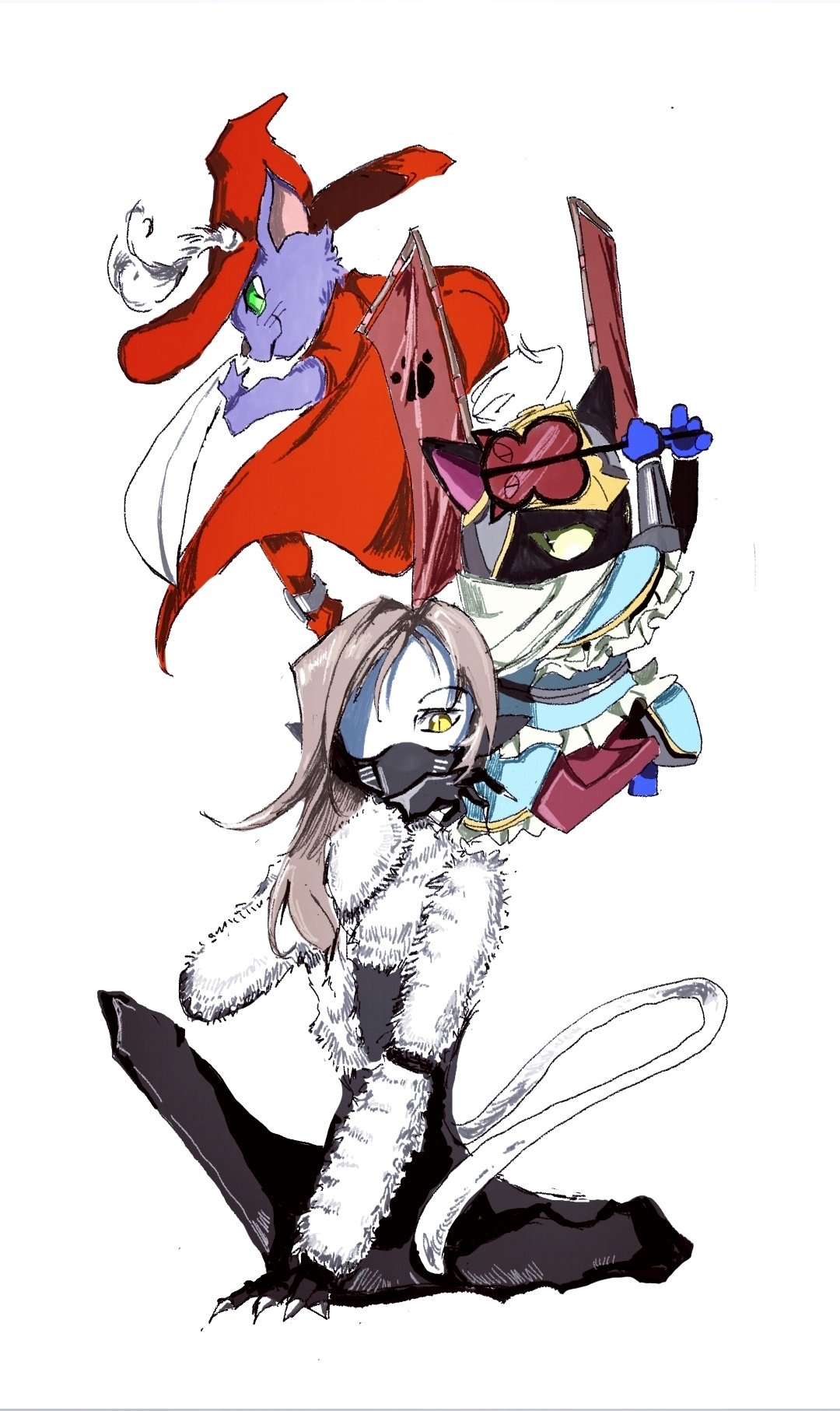 1girl brown_hair cait_sith_(megami_tensei) cape claws colored_skin commentary_request green_eyes highres long_hair mask mouth_mask neko_shogun nekomata_(megami_tensei) purple_fur red_cape red_hat shin_megami_tensei simple_background sitting soccerobsidian tail whiskers white_background white_fur white_skin yellow_eyes