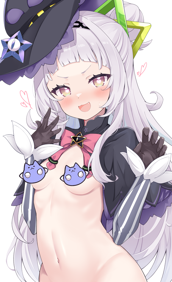 :d black_gloves black_hat bottomless breasts brown_eyes censored censored_nipples cocozasa fang gloves hat heart heart-shaped_pupils hololive long_hair long_sleeves looking_at_viewer murasaki_shion murasaki_shion_(1st_costume) navel novelty_censor small_breasts smile striped_sleeves symbol-shaped_pupils virtual_youtuber white_hair witch_hat