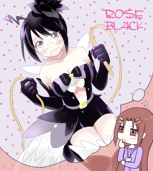 ahoge bad_id bad_pixiv_id black_hair boots breasts brown_eyes brown_hair chibi chihaya_megumi cleavage cosplay gurung hair_ornament hairclip imagining long_hair magical_flowers magical_girl medium_breasts rose_black rose_black_(cosplay) servant_x_service short_hair solo thought_bubble whip yamagami_lucy