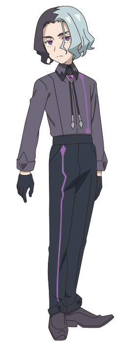 1boy amethio_(pokemon) black_gloves black_pants bright_pupils closed_mouth collared_shirt full_body gem gloves grey_footwear grey_shirt looking_at_viewer loose_hair_strand male_focus multicolored_hair official_art pants pokemon pokemon_(anime) pokemon_horizons purple_eyes purple_gemstone shirt shoes solo split_mouth standing transparent_background two-tone_hair white_pupils