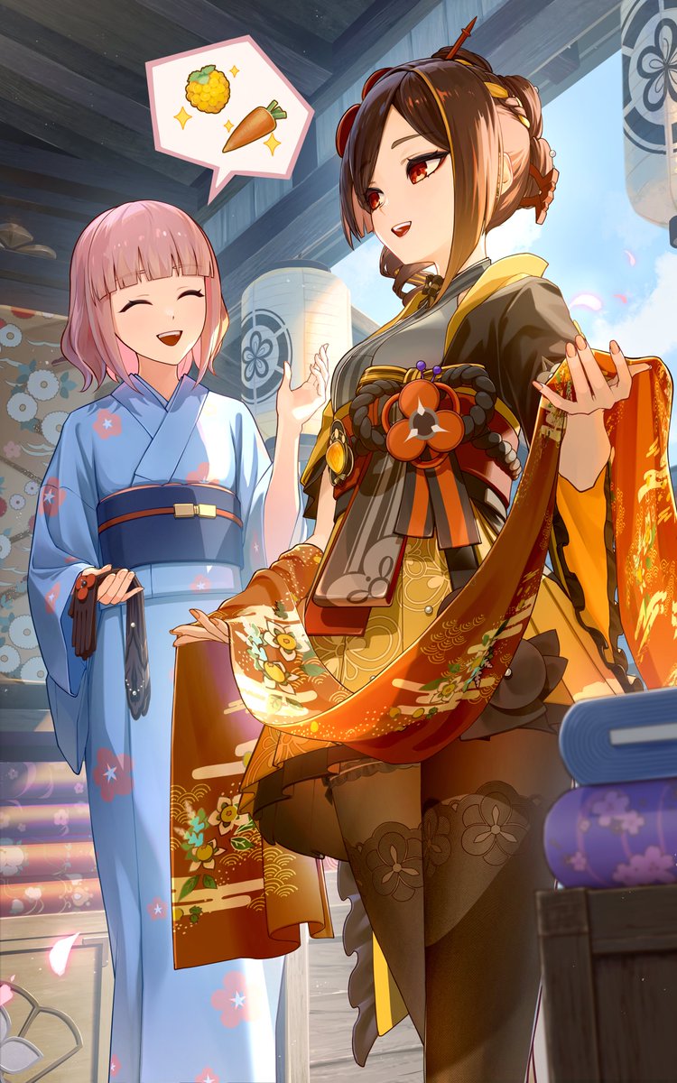 2girls berry bibi_(obb_spl) blonde_hair blue_kimono breasts brown_gloves brown_hair carrot chiori_(genshin_impact) drill_hair genshin_impact gloves grey_kimono highres holding holding_clothes holding_gloves japanese_clothes kimono long_sleeves medium_breasts multicolored_hair multiple_girls official_art open_mouth pantyhose pink_hair red_eyes second-party_source vision_(genshin_impact)