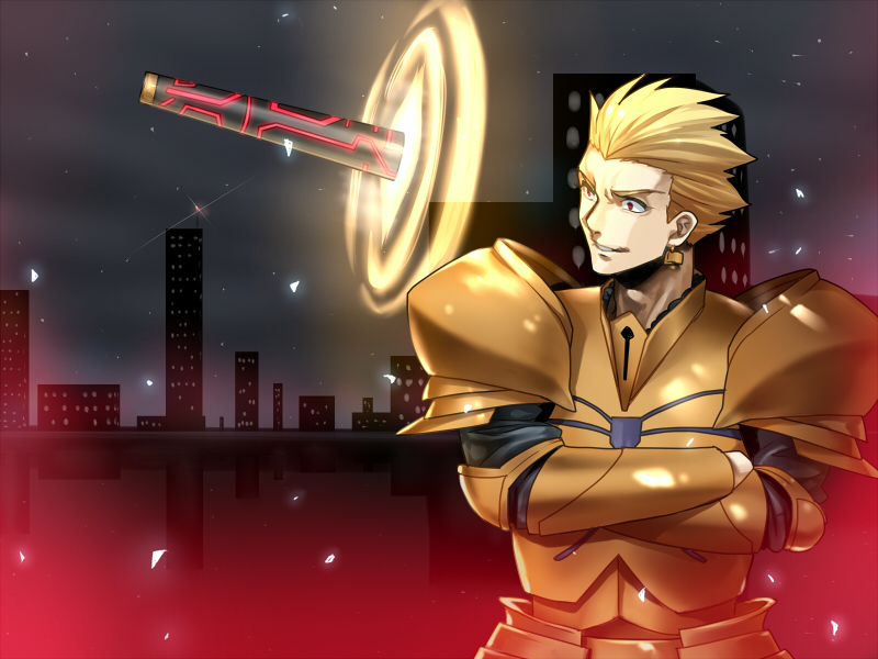 armor bad_id bad_pixiv_id blonde_hair ea_(fate/stay_night) earrings fate/stay_night fate_(series) gate_of_babylon gilgamesh hair_slicked_back jewelry male_focus mitsuki_mitsuno red_eyes solo weapon