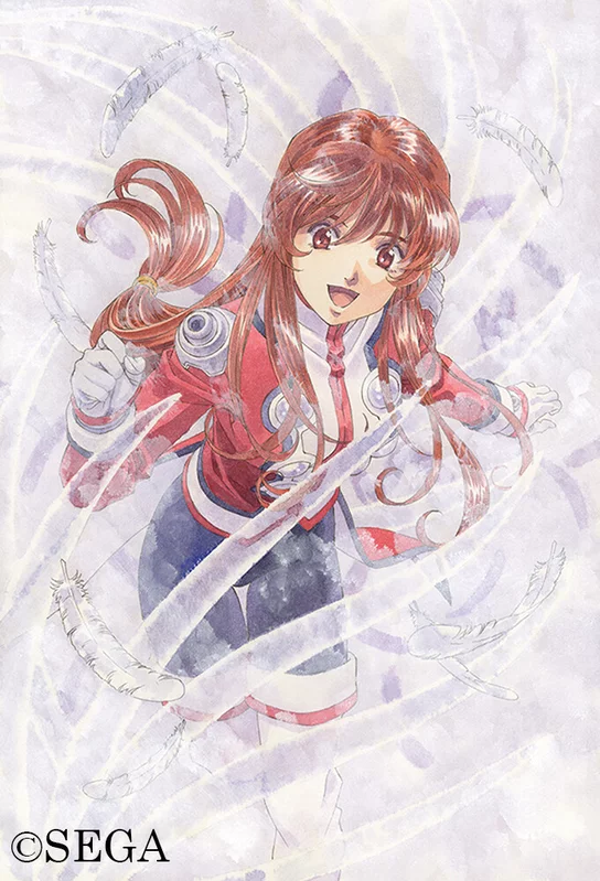 1990s_(style) 1girl black_pants boots brown_eyes buttons copyright_notice cowboy_shot cropped_legs double-breasted english_text erica_fontaine feathers gloves hair_between_eyes hair_over_eyes happy jacket long_hair matsubara_hidenori military_uniform nose official_art open_eyes pants ponytail red_jacket retro_artstyle sakura_taisen sakura_taisen_iii second-party_source sega shadow simple_background smile solo solo_focus thigh_boots thigh_gap two-sided_tailcoat uniform white_feathers white_footwear white_gloves