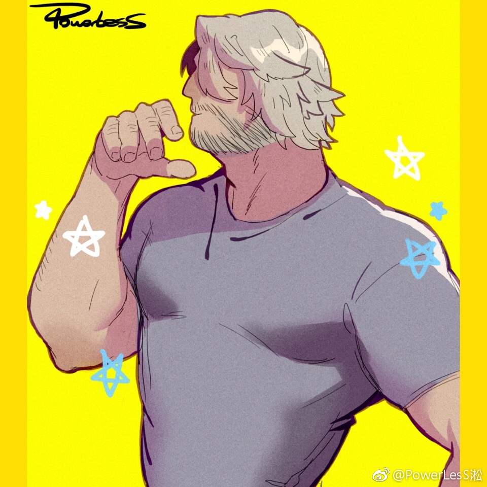 1boy adam's_apple bara beard_stubble facial_hair hair_over_one_eye knuckle_hair male_focus mature_male muscular muscular_male original pectorals powerlesssong profile solo sparse_arm_hair stubble upper_body yellow_background