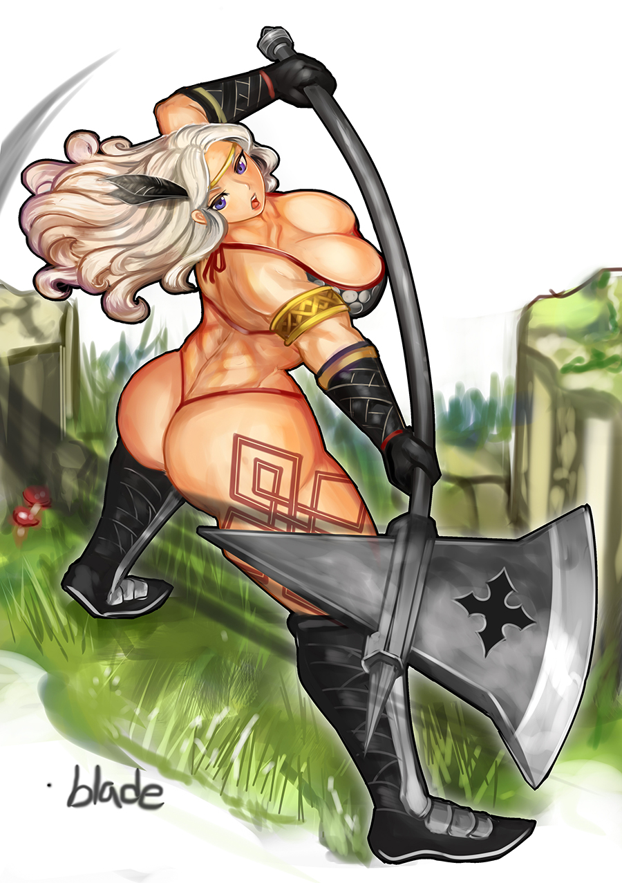 amazon_(dragon's_crown) armlet armor ass bikini_armor blonde_hair boots breasts circlet dragon's_crown error feathers halberd highres large_breasts long_hair muscle polearm purple_eyes qblade solo tattoo thick_thighs thighs weapon