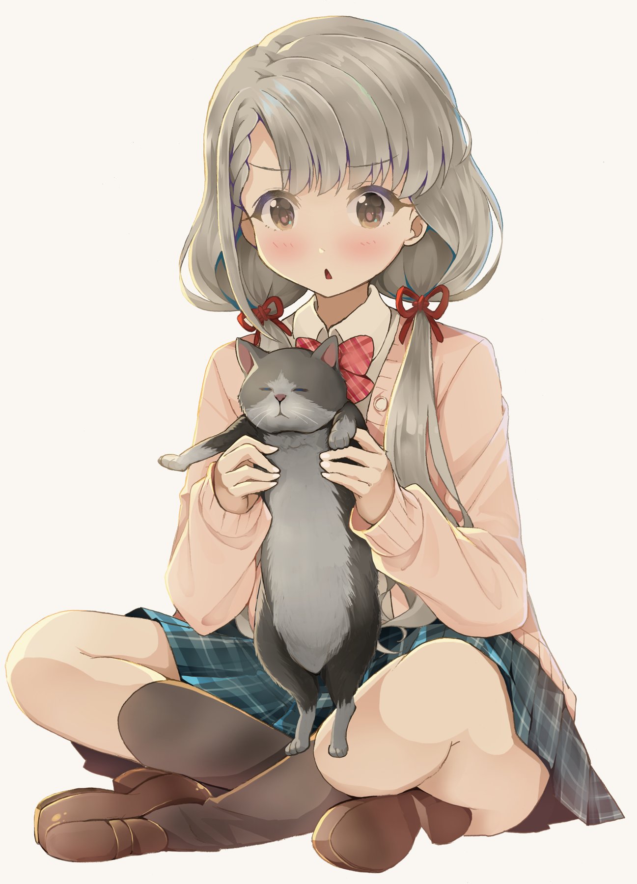 1girl animal black_socks blush brown_eyes cardigan cat full_body grey_hair highres hisakawa_nagi holding holding_animal holding_cat idolmaster idolmaster_cinderella_girls indian_style kneehighs loafers long_hair low_twintails michii_yuuki open_mouth school_uniform shoes simple_background sitting skirt socks solo twintails white_background