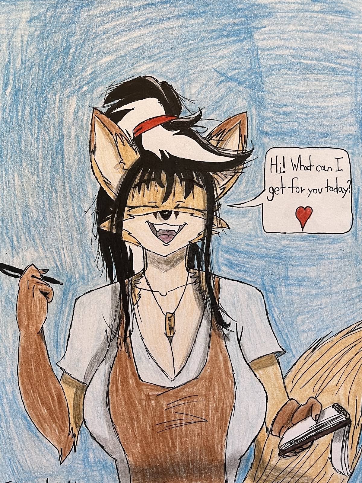 anthro apron big_breasts big_ears black_hair black_nose breasts brown_body brown_fur canid canine cheek_tuft cheerful cleavage clothed clothing dylanaildon_no_2 elizabeth_fox eyes_closed facial_tuft female fluffy fluffy_tail fox fur greeting hair heart_symbol hi_res holding_object huge_breasts jewelry mammal name_tag necklace note_pad ponytail question red_hairband shaded shirt solo t-shirt tail tan_body tan_fur teeth topwear tuft