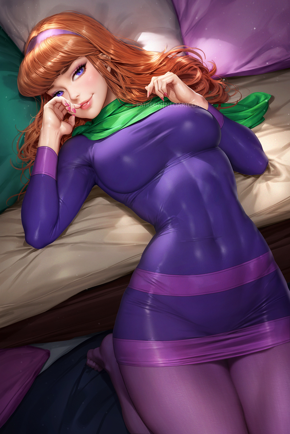 1girl breasts daphne_ann_blake dress english_commentary green_scarf hairband highres lips long_hair mixed-language_commentary neoartcore orange_hair paid_reward_available pantyhose parted_lips patreon_username pillow pink_nails purple_dress purple_eyes purple_hairband purple_pantyhose scarf scooby-doo short_dress solo taut_clothes taut_dress thai_commentary tight_clothes tight_dress toes
