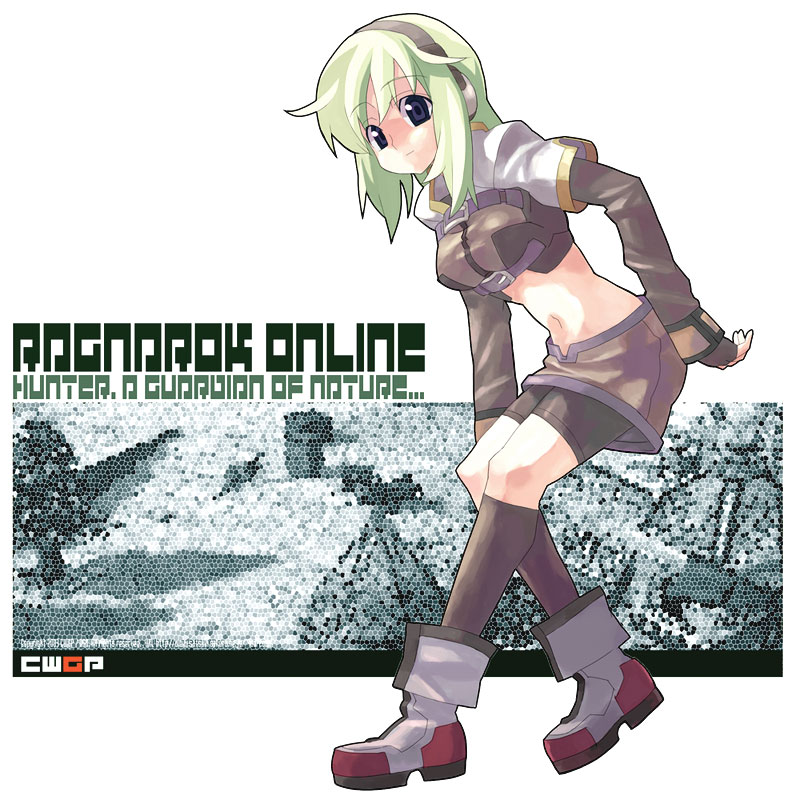 ankle_boots armor armored_boots belt boots copyright_name elbow_gloves fingerless_gloves full_body gloves green_hair hunter_(ragnarok_online) looking_at_viewer midriff navel ragnarok_online short_hair silver_hair simple_background solo stomach tanaka_(cow) white_background