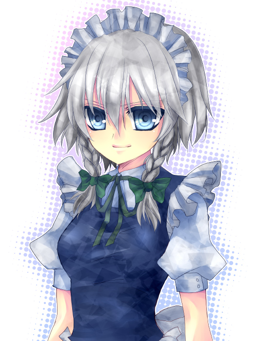 blue_eyes braid hair_ribbon izayoi_sakuya maid mikazuki_sara ribbon silver_hair solo touhou twin_braids