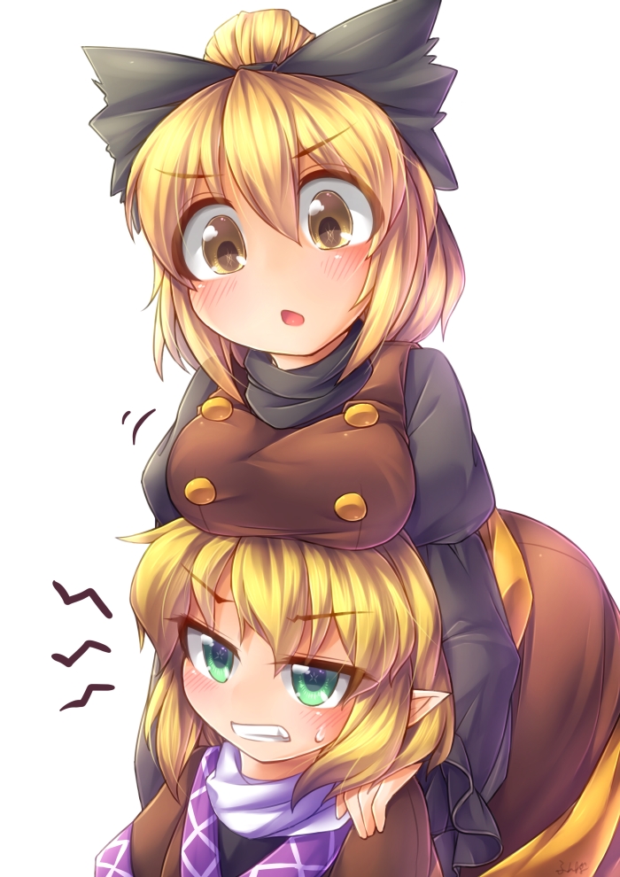 :o annoyed blonde_hair blush bow breast_envy breast_rest breasts breasts_on_head clenched_teeth dress fun_bo green_eyes hair_bow kurodani_yamame large_breasts mizuhashi_parsee multiple_girls open_mouth pointy_ears scowl short_hair symbol-shaped_pupils teeth touhou white_background yellow_eyes