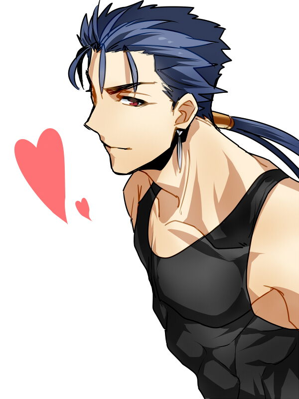 bad_id bad_pixiv_id blue_hair earrings fate/stay_night fate_(series) heart jewelry lancer long_hair male_focus mitsuki_mitsuno ponytail red_eyes solo tank_top