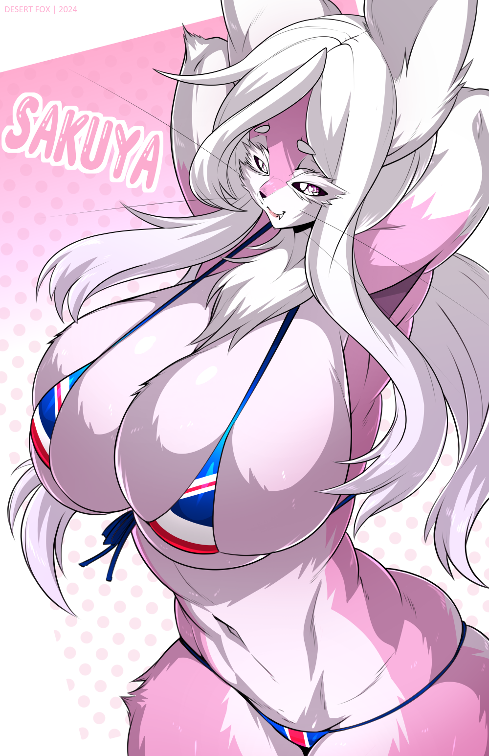 2024 anthro big_breasts bikini biped black_sclera breasts character_name clothing domestic_cat felid feline felis female flag_bikini fur hair hands_behind_head heart_eyes heart_symbol hi_res huge_breasts mammal navel pink_body pink_fur pose sagestrike2_(artist) sakuya_(sagestrike2) solo swimwear union_jack_bikini white_hair year