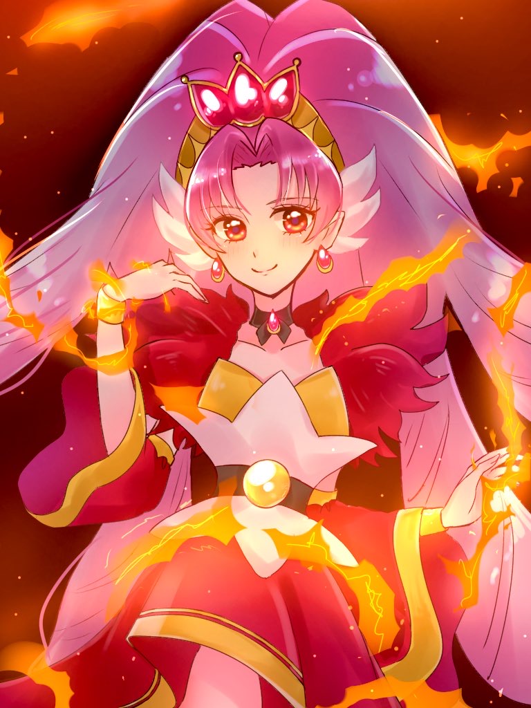 1girl akagi_towa belt black_background black_choker bracelet choker closed_mouth collarbone cowboy_shot cure_scarlet detached_sleeves dot_nose earrings fire go!_princess_precure jewelry long_hair magical_girl namo_(namo_suuun) parted_bangs pink_hair pointy_ears precure red_eyes red_sleeves ringlets simple_background smile solo standing