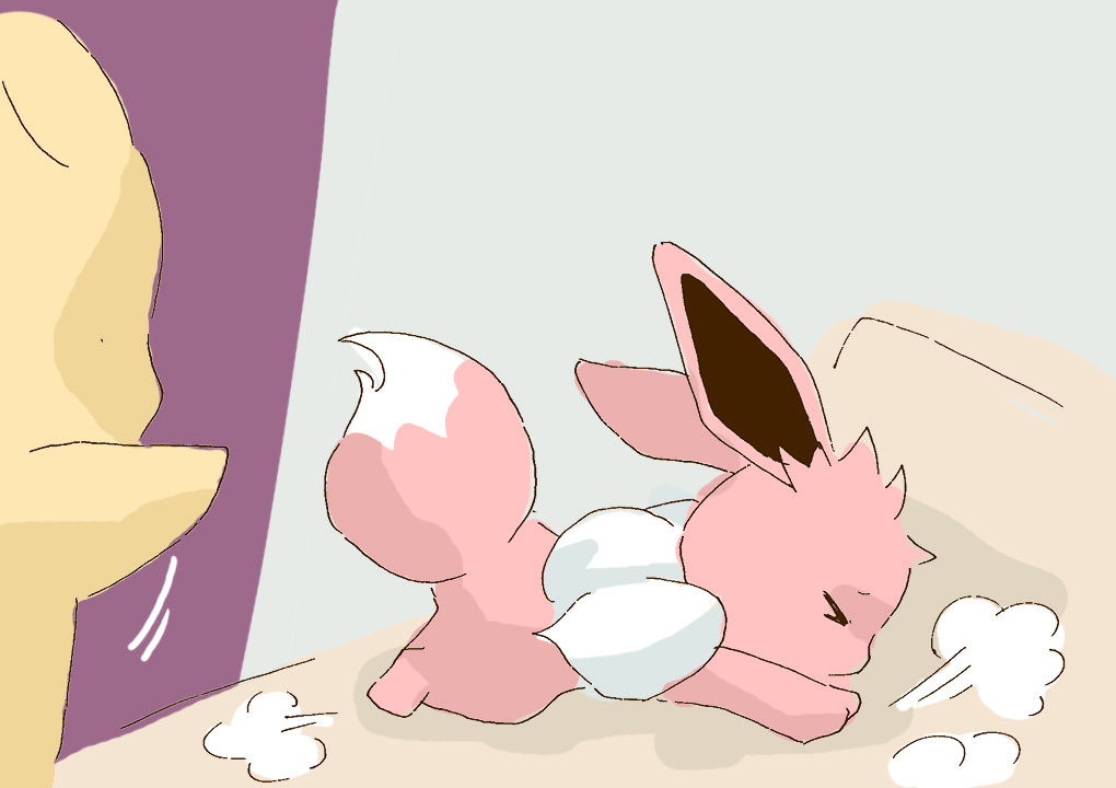 &gt;_&lt; 2018 ambiguous_gender bed brown_body duo eevee eyes_closed feral furniture generation_1_pokemon get_it_go lying neck_tuft nintendo on_bed on_front pikachu pokemon pokemon_(species) side_view tuft yellow_body