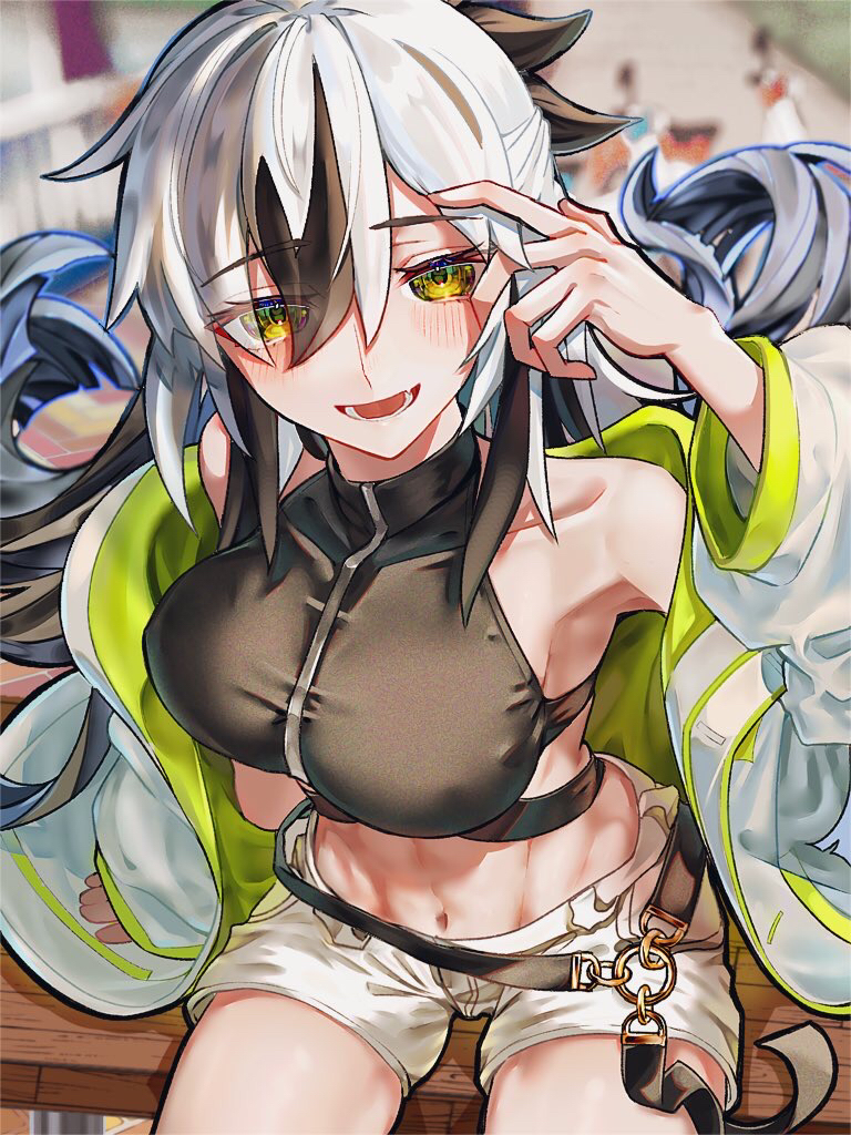 1girl bare_shoulders black_hair breasts coat crop_top cropped_shirt fate/grand_order fate_(series) green_coat green_eyes hair_between_eyes huo_ting jacket linea_alba long_hair long_sleeves looking_at_viewer midriff multicolored_clothes multicolored_coat multicolored_hair multicolored_jacket nagao_kagetora_(fate) navel open_clothes shirt shorts smile solo striped_clothes striped_jacket toned toned_female two-tone_hair two-tone_jacket uesugi_kenshin_(fate) uesugi_kenshin_(second_ascension)_(fate) white_hair white_jacket white_shorts