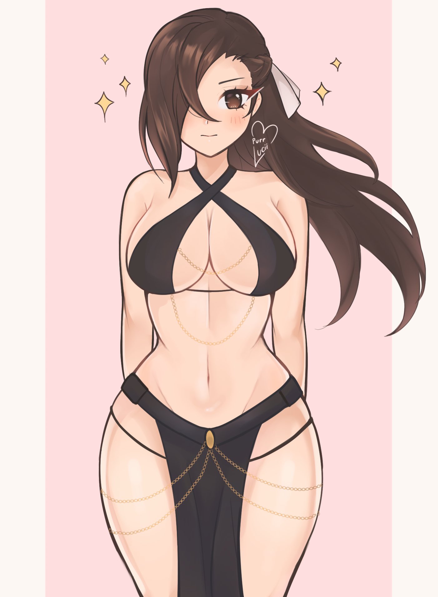 1girl bare_shoulders blush brown_eyes brown_hair commentary cowboy_shot criss-cross_halter fire_emblem fire_emblem_fates hair_over_one_eye halterneck highres kagero_(fire_emblem) loincloth long_hair looking_at_viewer navel pink_background purrlucii solo sparkle standing stomach thighs very_long_hair yomorio_lingerie