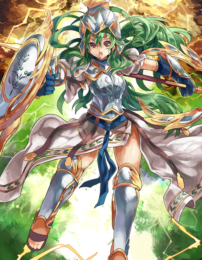 armor athena_(p&amp;d) green_hair helmet himuro_(dobu_no_hotori) long_hair polearm puzzle_&amp;_dragons red_eyes shield solo spear weapon