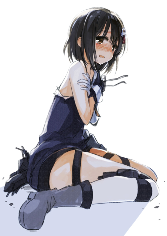 bare_shoulders black_hair blush boots brown_eyes covering covering_breasts full_body gloves haguro_(kantai_collection) hair_ornament hairclip kantai_collection looking_at_viewer panties rin_(royal) short_hair simple_background sitting solo tears torn_clothes underwear wariza wavy_mouth white_panties