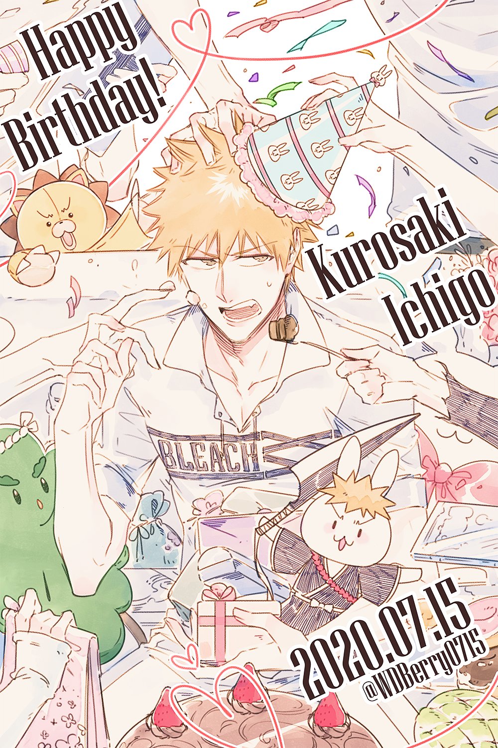 2020 birthday_cake bleach brown_hair cake chappy character_name collarbone collared_shirt copyright_name cosplay dated doughnut english_text feeding food food_on_face fruit gift hair_between_eyes hand_on_another's_head happy_birthday hat highres kon_(bleach) kurosaki_ichigo kurosaki_ichigo_(cosplay) male_focus open_mouth orange_hair party_hat seaweed_ambassador shirt short_sleeves spiked_hair strawberry stuffed_animal stuffed_lion stuffed_rabbit stuffed_toy sweatdrop wdberry0715
